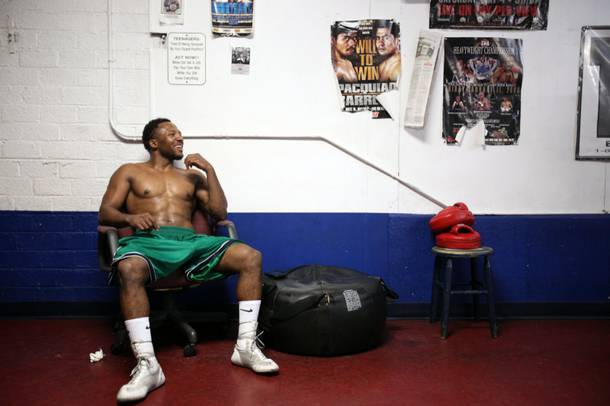 Lydell Rhodes, 24, of Las Vegas takes a break while training at Johnny Tocco's Boxing Gym in downtown Las Vegas on Wednesday, September 5, 2012.